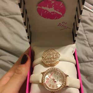 Betsey Johnson rose gold watch + flower bracelet